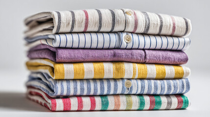 Tall Stack of Colorful Folded Clothes on Minimalist Background