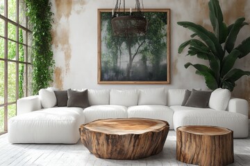 A tranquil living room with a sectional sofa, rustic coffee table, and lush greenery creates a calming ambiance.