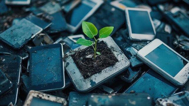 A small plant sprouts from the earth in a pile of discarded phones