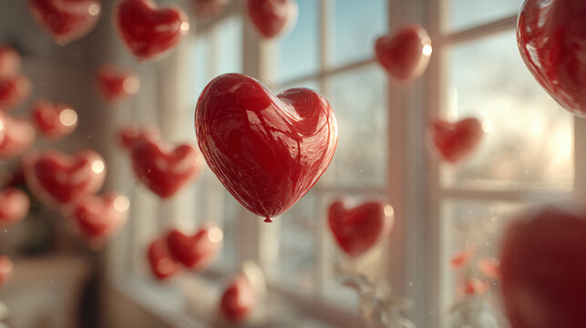 Heart-Shaped Red Balloons Floating Near Window for Valentine's Day Decor