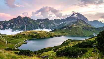 A scenic vista showcases a tranquil lake nestled amidst towering mountains, verdant slopes, and a dynamic cloudy sky