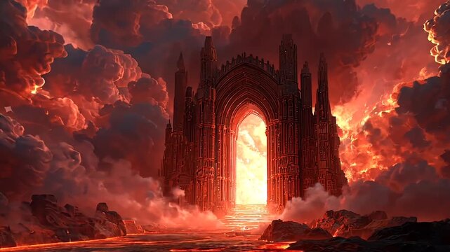 Fantasy infernal doorway surrounded by flames  