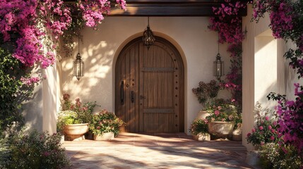Romantic entrance of a Mediterranean home with large wooden door, pink flowers, and hanging lanterns