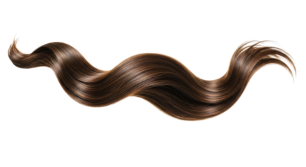Healthy deep brown human hair strand with warm highlights, perfect smooth waves, shiny, frizz-free, against a transparent studio background, concept for luxurious hair care advertising
