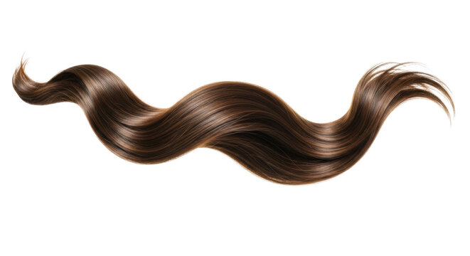 Healthy deep brown human hair strand with warm highlights, perfect smooth waves, shiny, frizz-free, against a transparent studio background, concept for luxurious hair care advertising