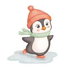 Penguin in red hat and scarf skates on ice. Cute animal skater isolated on white background. Childish watercolor illustration.