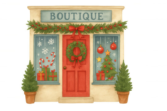 Christmas holiday boutique storefront displaying festive seasonal decor, presents, and a wreath