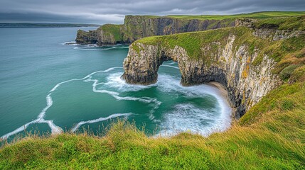 Rough waves pushing their way into a dark ocean cave at Carrick-a-Rede, Northern Ireland, creating a powerful scene.