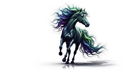 A majestic black horse with a flowing, multi-colored mane and tail gallops across a white background.