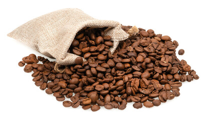 Roasted coffee beans in a jute bag isolated on white background. Coffee beans background texture.