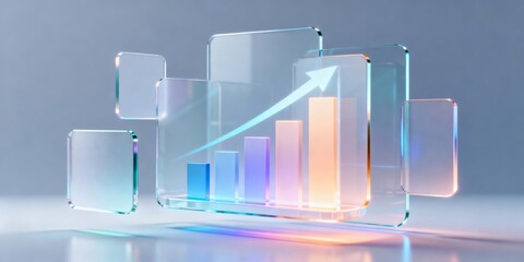 Growth, finance and analytics with 3d glass bar chart and rising arrow in modern gradient light for business success and data visualization concept on soft blue background