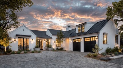 Luxury home exterior with white walls and black accents, stone driveway. Perfect for real estate, architectural design, and home improvement articles.