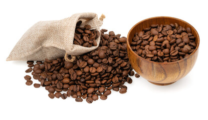 Roasted coffee beans in a jute bag with wooden cup isolated on white background. Coffee beans background texture.