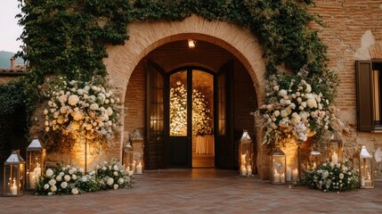 Fototapeta premium Rustic Italian house entrance with arched door, floral arrangements, and lanterns casting golden light