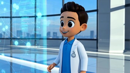 Animated scientist interacting with holographic data network in a modern research facility