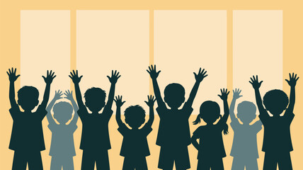 Excited students raising hands in classroom illustration for educational projects, symbolizing childhood enthusiasm and learning opportunities for designers