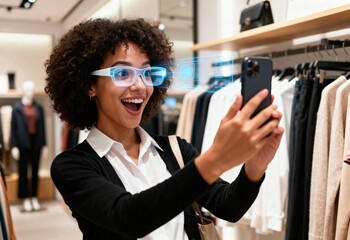 Excited young woman using augmented reality smart glasses while shopping, smiling female adult viewing holographic interface on eyewear and smartphone in modern clothing store