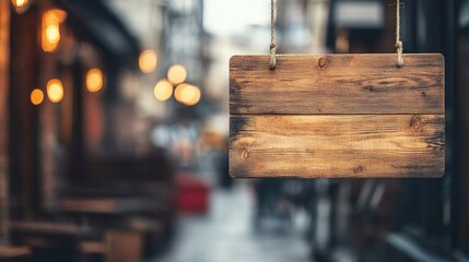 Rustic wooden sign outside a modern coffee shop with soft-focus city street background and space for design