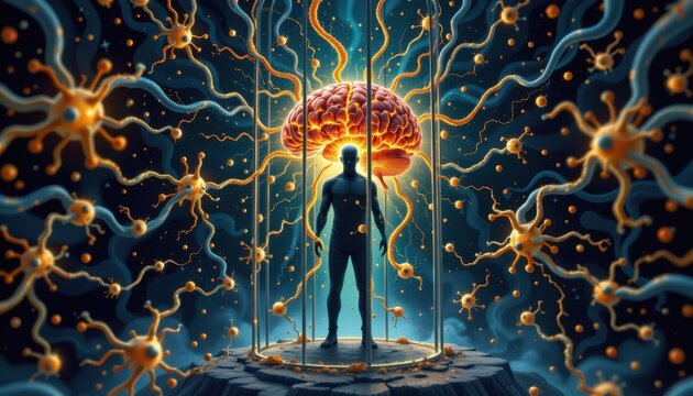 illustration of a mind trapped by frontotemporal dementia, human figure enclosed in a cage made of glowing fractured neurons