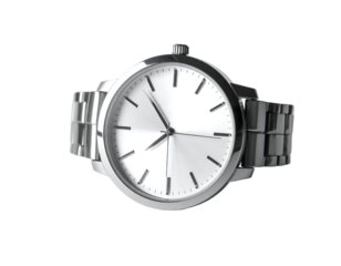 A classic silver wristwatch with a white face, simple Roman numeral markers, and a metal band