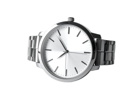 A classic silver wristwatch with a white face, simple Roman numeral markers, and a metal band