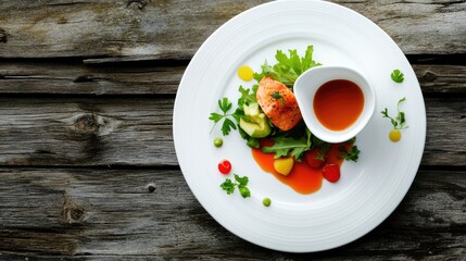 Salad of red fish, greens, and avocado on white plate, close-up top view, sauce in gravy boat, set on old wooden boards