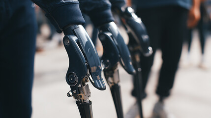 Close-up of prosthetic legs being used by individuals walking outdoors