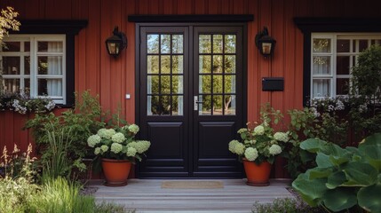 Scandinavian-style door with glass paneling and symmetrical low-profile potted plants