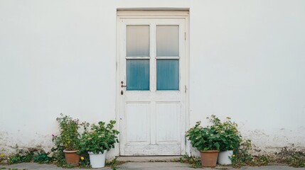 Scandinavian-style door with glass paneling and symmetrical low-profile potted plants