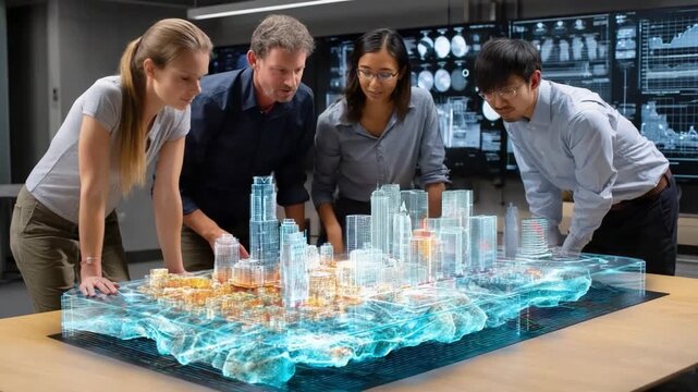 City Planning Collaboration: A diverse team of urban planners huddled around a holographic cityscape, meticulously reviewing intricate details.