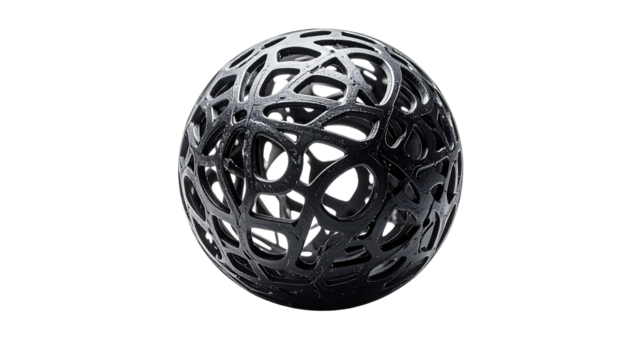 Dark, metallic sphere with intricate, interwoven, lattice-like structure creating a complex, three-dimensional pattern against a black background