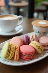 Multicolored French macarons in a plate on a table in a cafe, next to a cup of cappuccino with a pattern. Vertical view.