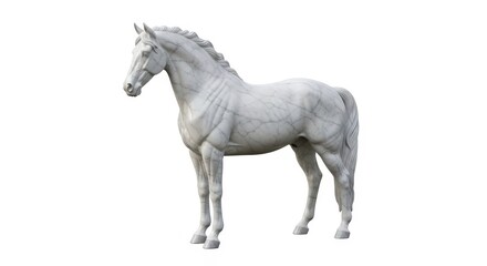 Fototapeta premium A realistic white marble horse statue standing in profile against a clean white background.