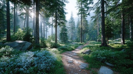 Obraz premium Sunlight Shines Through Dense Green Forest Landscape with Trees Bushes Flowers Stones and Trail in Nature Scenic Environment at Daytime