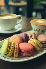 Multicolored French macarons in a plate on a table in a cafe, next to a cup of cappuccino with a pattern. Vertical view.