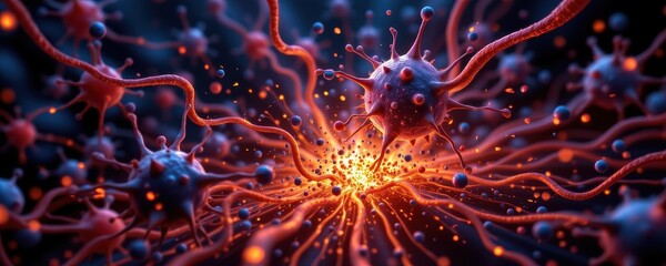 digital painting of the mental deterioration in frontotemporal dementia, neurons and synapses breaking apart into fragmented glowing particles