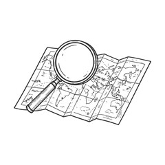 Magnifying glass placed on a world map in detailed vintage style vector illustration