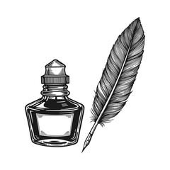 Inkwell with feather quill pen in vintage retro engraving style vector illustration