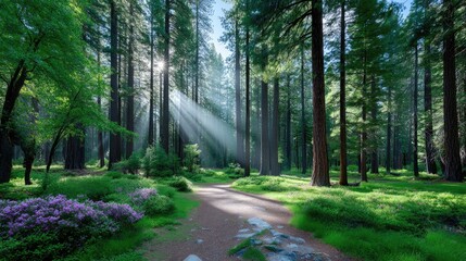 Obraz premium Sunlight Shining Through Dense Green Forest with Pathway and Purple Flowers in Bright Blue Sky