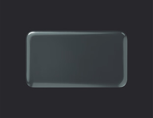 Glass rectangle transparent button on dark background. 3d vector realistic ui icon.
