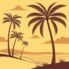 Vintage tropical beach landscape with palm trees, ocean waves, grassy dunes, and warm sunset in retro brown and yellow tones