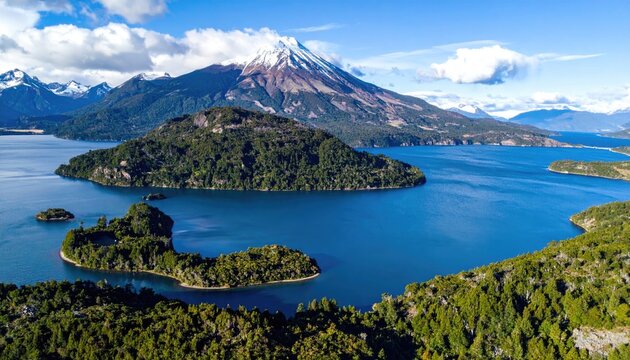 Panoramic view of a lake with an island and a snowy mountain - Powered by Adobe