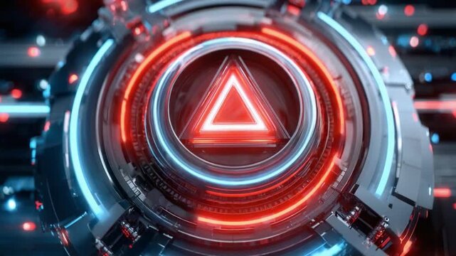 Cybernetic Emblem: A futuristic, neon-lit emblem of innovation, composed of intricate circuits and a central triangular design, symbolizing the core of technological advancement and the digital world.
