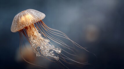 jellyfish dome viewed from beneath, translucent tendrils and glowing bioluminescence