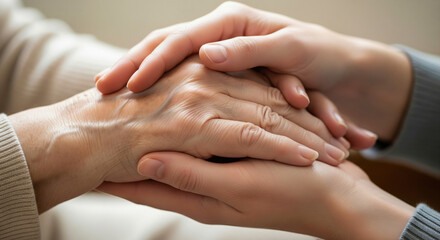 A volunteer's clean hand holding the weathered hand of an elderly or homeless person a concept of compassion support and human connection with copy space