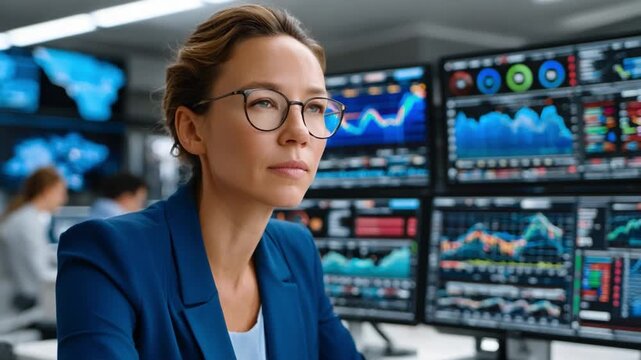 Focused Strategist: An astute professional, absorbed in the complexities of the market, thoughtfully analyzes financial data displayed across multiple screens, suggesting strategic depth.