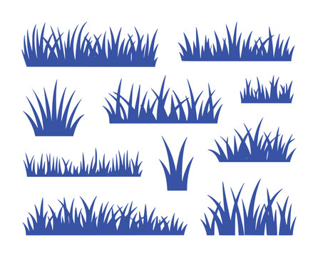 Collection of Blue Grass Silhouettes on White Background