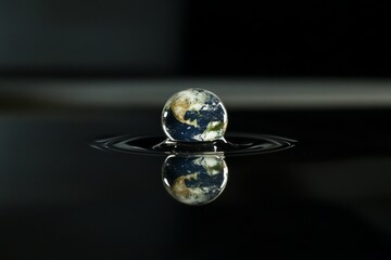 Earth reflection in water droplet on black background