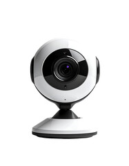 White and black circular security camera with a lens, on a small white base