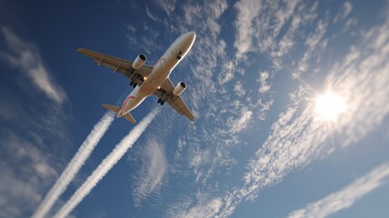 airliner crossing directly above, contrails trailing, low-angle runway perspective